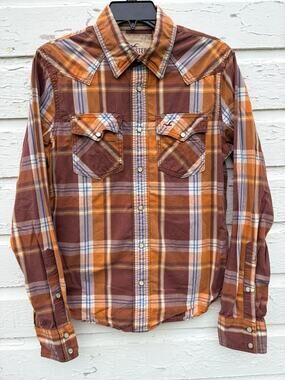 VTG Hollister Shirt Pearl Snap Western Brown Plaid Mens S Button Front Early Y2K